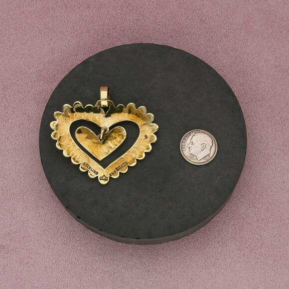 jeep collins sterling silver & brass hammered heart dangle pendant - Picture 2 of 3